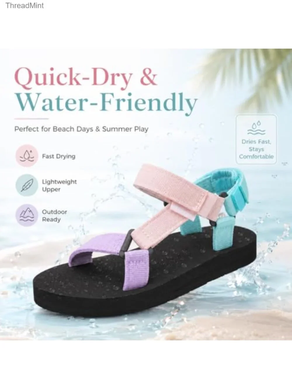 Kids Hiking Sandals with Arch Support, Quick-Dry Water Shoes, Adjustable Strap,